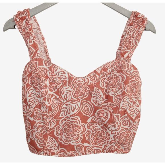Midnight Sky Orange and White Floral Linen Look Crop Top Large - Picture 3 of 6